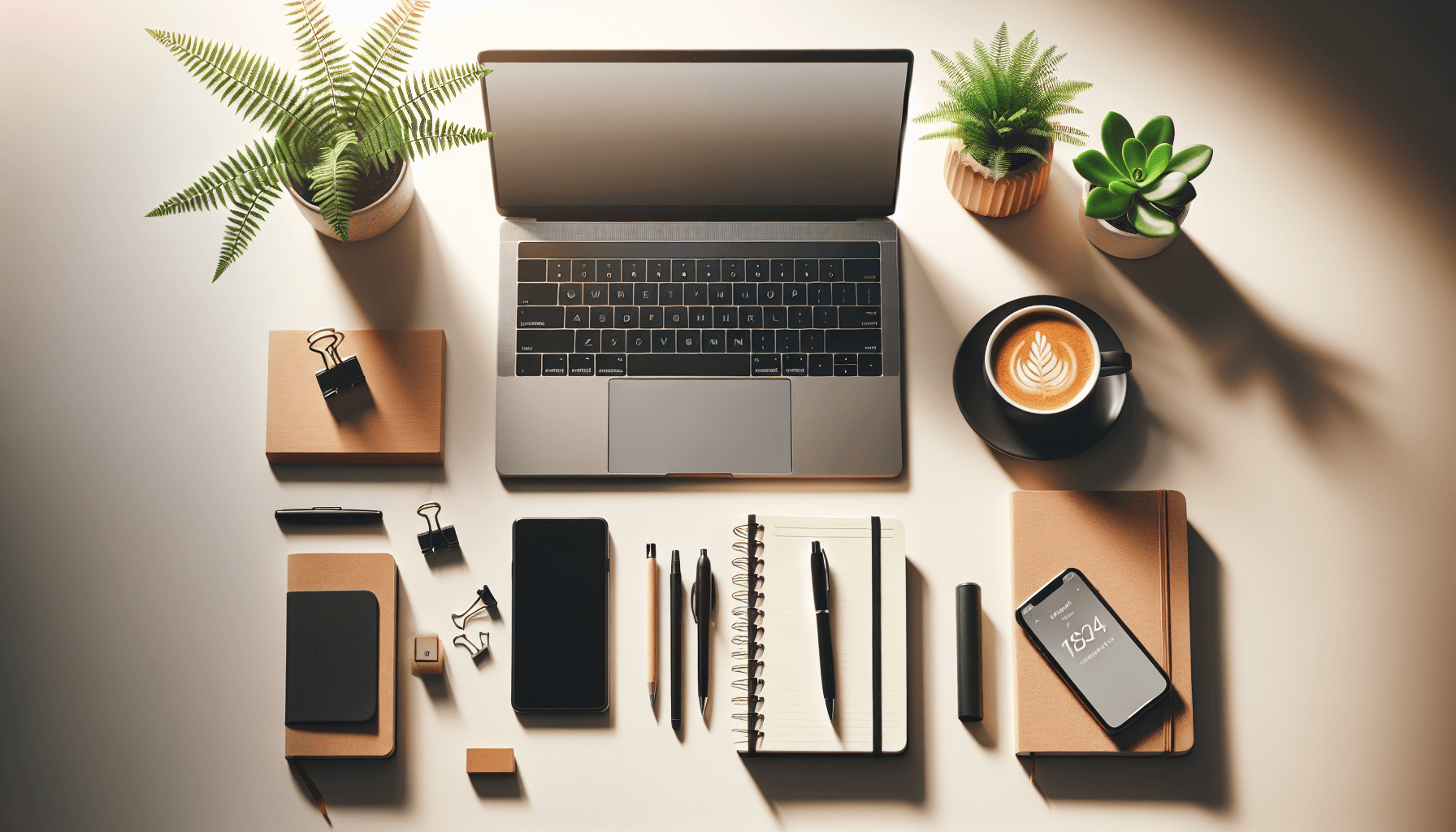 Productivity workspace with note-taking app on laptop, notebook, and coffee